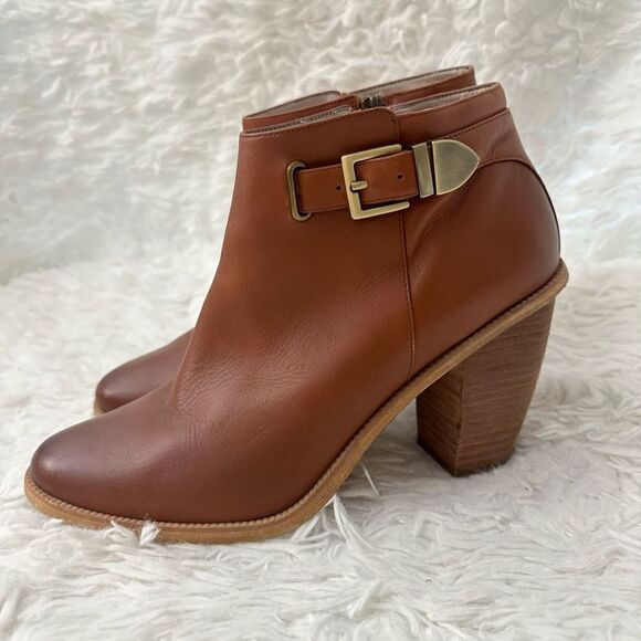 Hinge Cognac Leather Ankle Booties Buckle accent, almond toe Size 9 M block heel - Picture 5 of 11